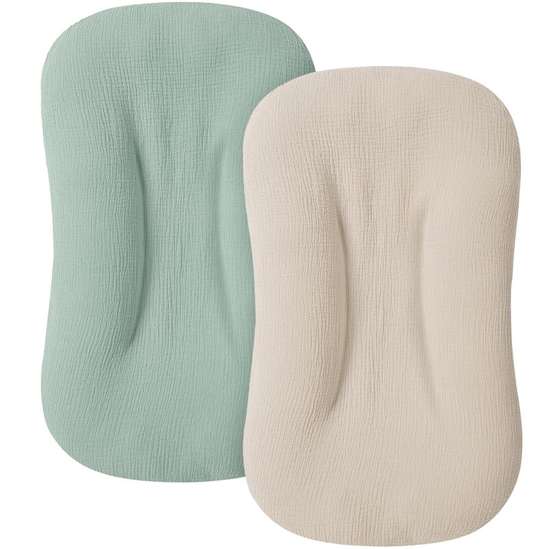 MairMore Muslin Baby Cover for Newborn, Soft and Breathable 100% Cotton Lounger Slipcover Neutral, Pack of 2(Green, Ivory) - Image 1